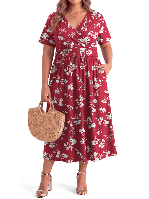 Plus Size Maxi Dresses for Women Casual V Neck Short Sleeve Floral Dress Summer Flowy Sundresses with Pockets
