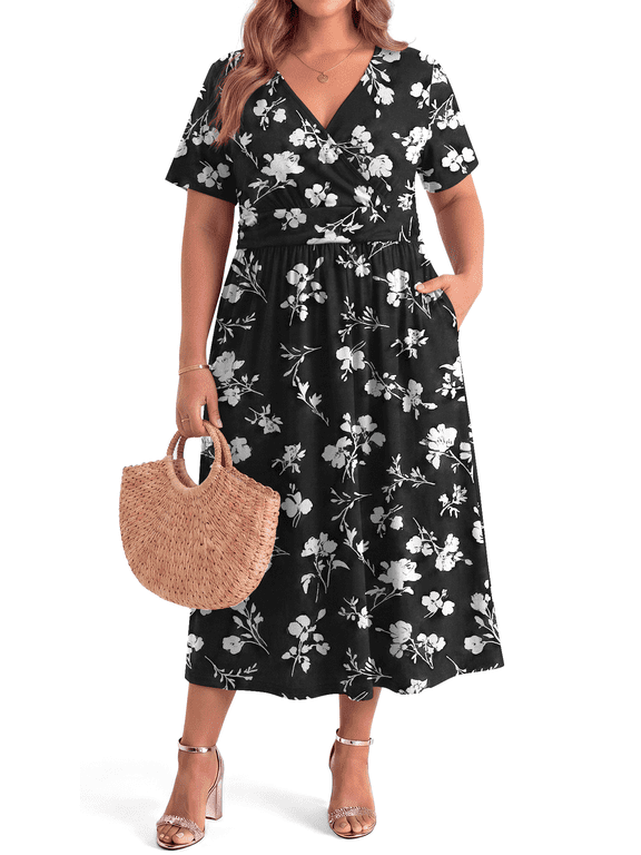 Plus Size Maxi Dresses for Women Casual V Neck Short Sleeve Floral Dress Summer Flowy Sundresses with Pockets