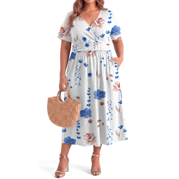 WellSize Plus Size Maxi Dresses for Women Casual V Neck Short Sleeve Floral Dress Summer Flowy Sundresses with Pockets