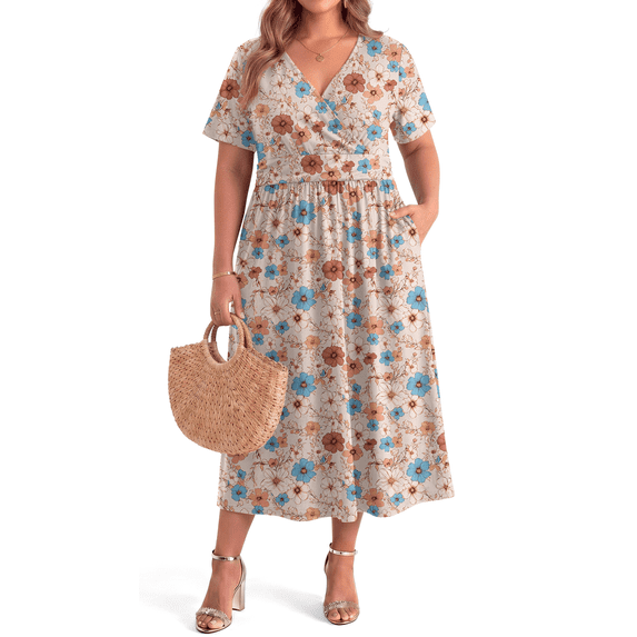 WellSize Plus Size Maxi Dresses for Women Casual V Neck Short Sleeve Floral Dress Summer Flowy Sundresses with Pockets