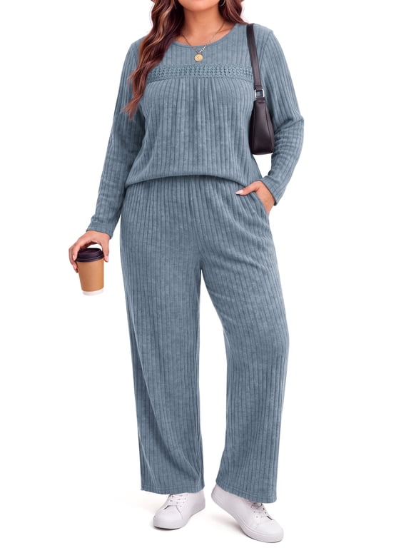 Womens Plus Size 2 Piece Outfit Sets Lace Long Sleeve Tops Wide Leg Pants Fall Travel Vacation Outfits Lounge Sets
