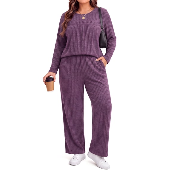 WellSize Womens Plus Size 2 Piece Outfit Sets Lace Long Sleeve Tops Wide Leg Pants Fall Travel Vacation Outfits Lounge Sets