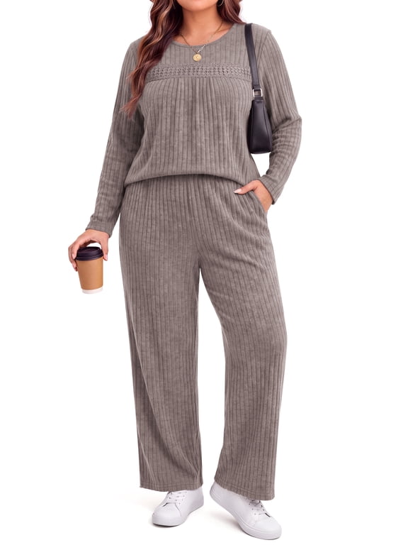Womens Plus Size 2 Piece Outfit Sets Lace Long Sleeve Tops Wide Leg Pants Fall Travel Vacation Outfits Lounge Sets