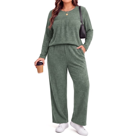 WellSize Womens Plus Size 2 Piece Outfit Sets Lace Long Sleeve Tops Wide Leg Pants Fall Travel Vacation Outfits Lounge Sets