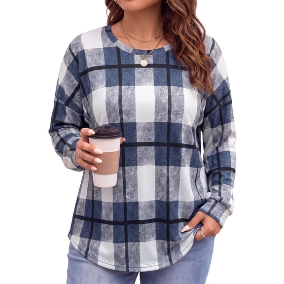 WellSize Plus Size Sweatshirts for Women Plaid Crewneck Long Sleeve Shirts Casual Fall Tunic Tops Lightweight Pullover Sweatshirts