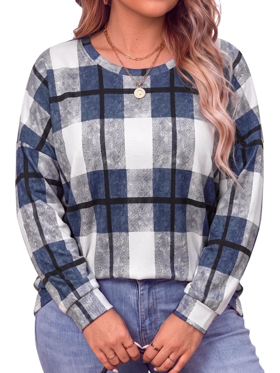 Plus Size Sweatshirts for Women Plaid Crewneck Long Sleeve Shirts Casual Fall Tunic Tops Lightweight Pullover Sweatshirts