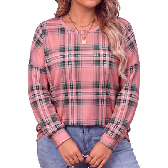 WellSize Plus Size Sweatshirts for Women Plaid Crewneck Long Sleeve Shirts Casual Fall Tunic Tops Lightweight Pullover Sweatshirts