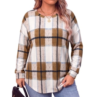 WellSize Plus Size Sweatshirts for Women Plaid Crewneck Long Sleeve Shirts Casual Fall Tunic Tops Lightweight Pullover Sweatshirts