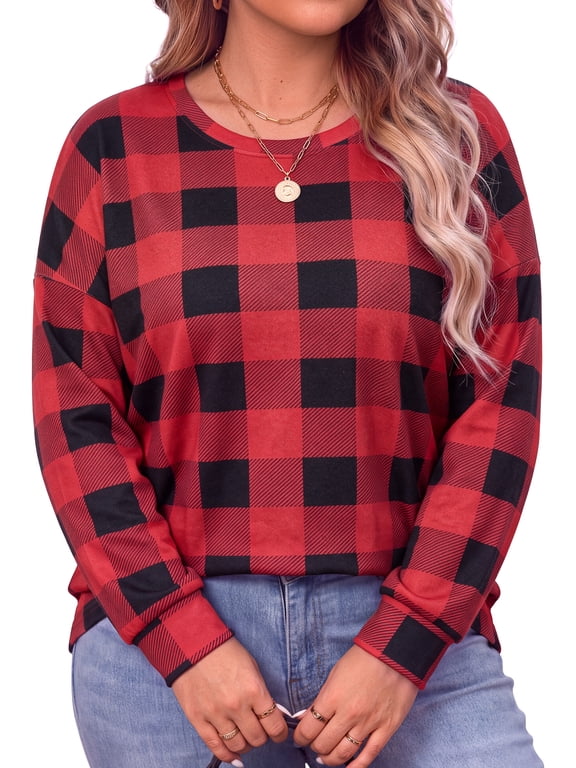 Plus Size Sweatshirts for Women Plaid Crewneck Long Sleeve Shirts Casual Fall Tunic Tops Lightweight Pullover Sweatshirts