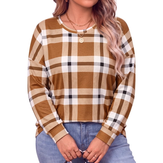 WellSize Plus Size Sweatshirts for Women Plaid Crewneck Long Sleeve Shirts Casual Fall Tunic Tops Lightweight Pullover Sweatshirts