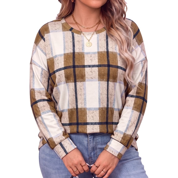 WellSize Plus Size Sweatshirts for Women Plaid Crewneck Long Sleeve Shirts Casual Fall Tunic Tops Lightweight Pullover Sweatshirts