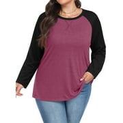 WELLSIZE Plus Size T Shirts for Women Color Block Long Sleeve Fall Tops Casual Tee Crew Neck Blouses