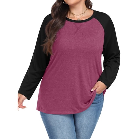 Plus Size T Shirts for Women Color Block Long Sleeve Fall Tops Casual Tee Crew Neck Blouses