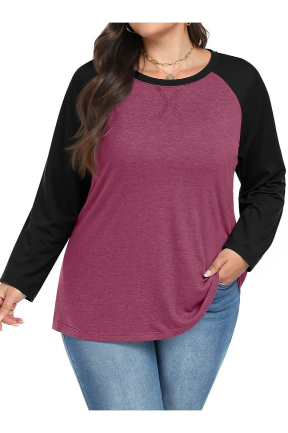 Plus Size T Shirts for Women Color Block Long Sleeve Fall Tops Casual Tee Crew Neck Blouses