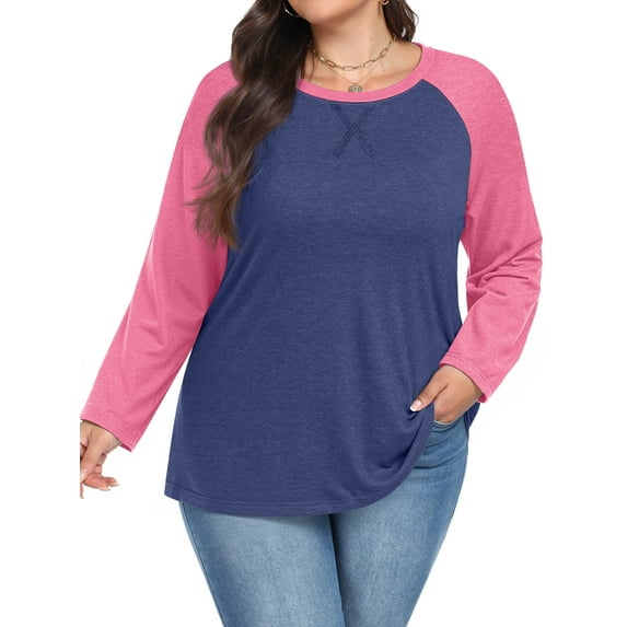 WellSize Plus Size T Shirts for Women Color Block Long Sleeve Fall Tops Casual Tee Crew Neck Blouses