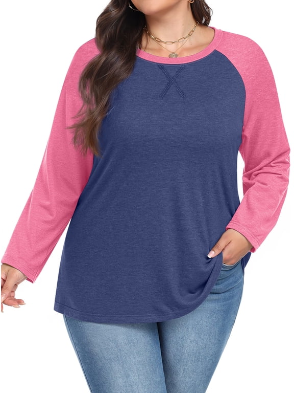 Plus Size T Shirts for Women Color Block Long Sleeve Fall Tops Casual Tee Crew Neck Blouses