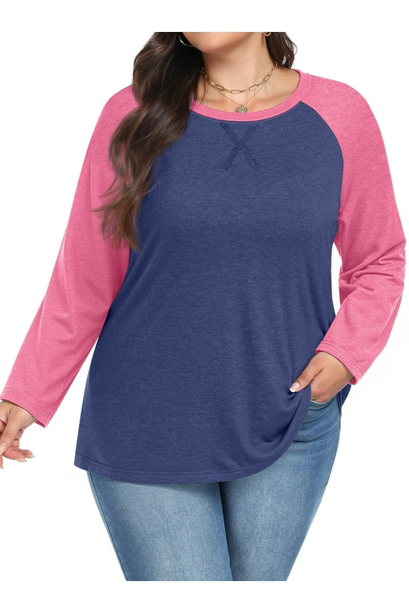 Plus Size T Shirts for Women Color Block Long Sleeve Fall Tops Casual Tee Crew Neck Blouses
