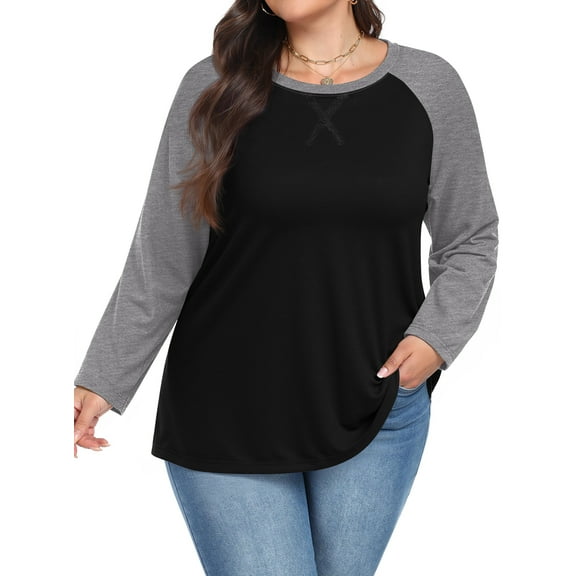 WellSize Plus Size T Shirts for Women Color Block Long Sleeve Fall Tops Casual Tee Crew Neck Blouses