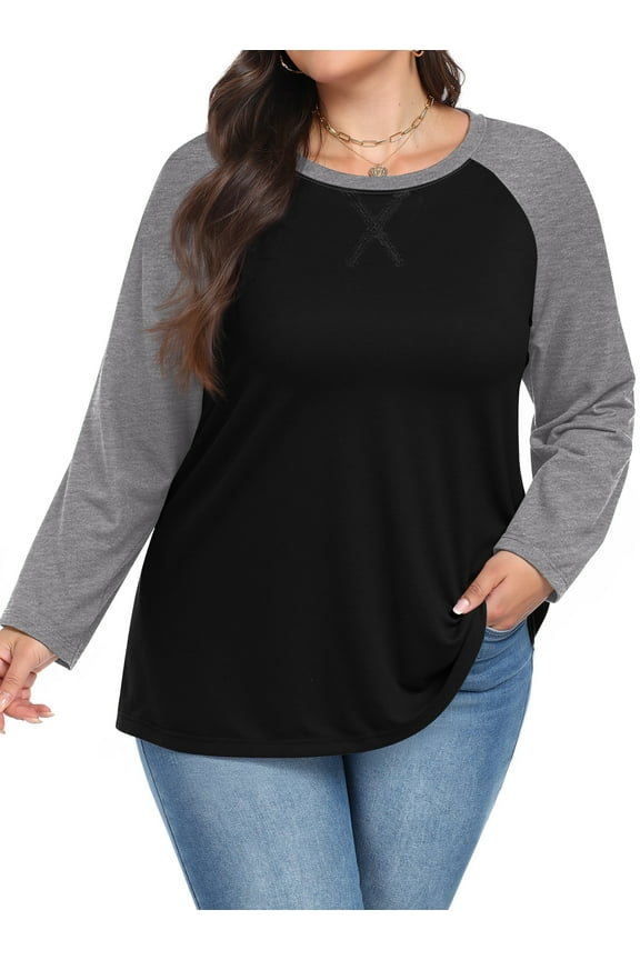 Plus Size T Shirts for Women Color Block Long Sleeve Fall Tops Casual Tee Crew Neck Blouses