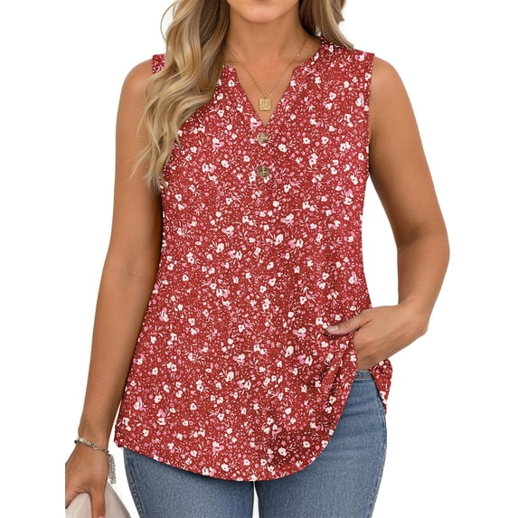 WellSize Plus Size Tank Tops for Women Henley V Neck Sleeveless Shirts Dressy Floral Blouses Summer Tunic Tops