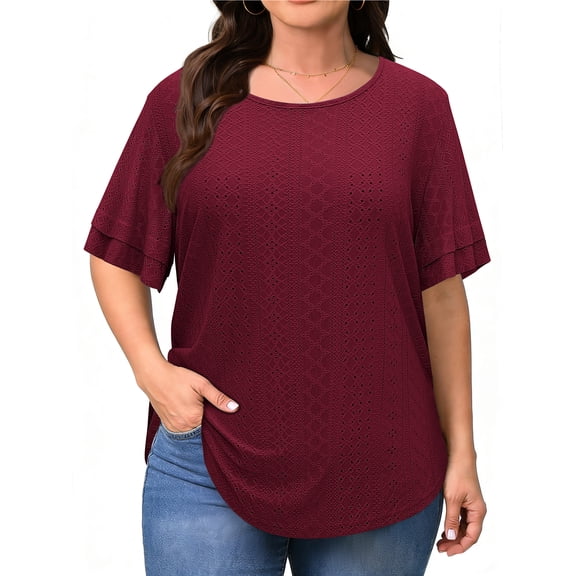 WellSize Plus Size Tops for Women Eyelet Crew Neck Tunic Blouses Casual Summer Ruffled Short Sleeve Shirts
