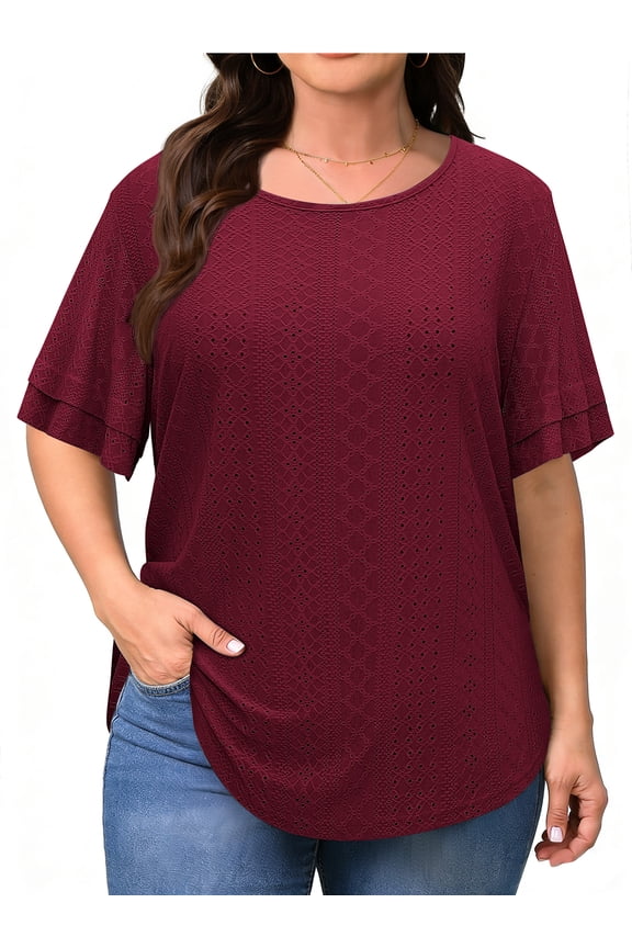 Plus Size Tops for Women Eyelet Crew Neck Tunic Blouses Casual Summer Ruffled Short Sleeve Shirts