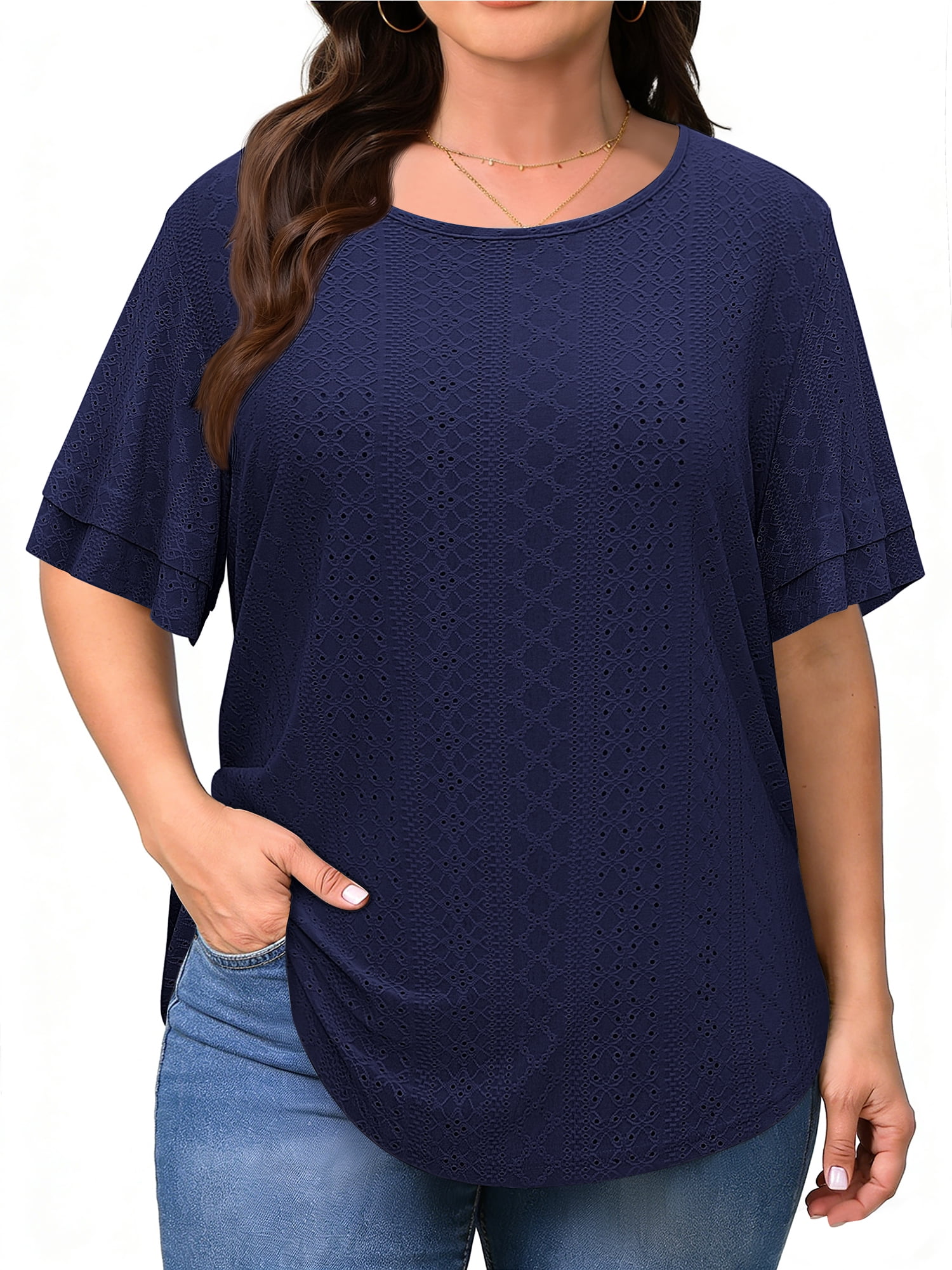 WellSize Plus Size Tops for Women Eyelet Crew Neck Tunic Blouses Casual ...