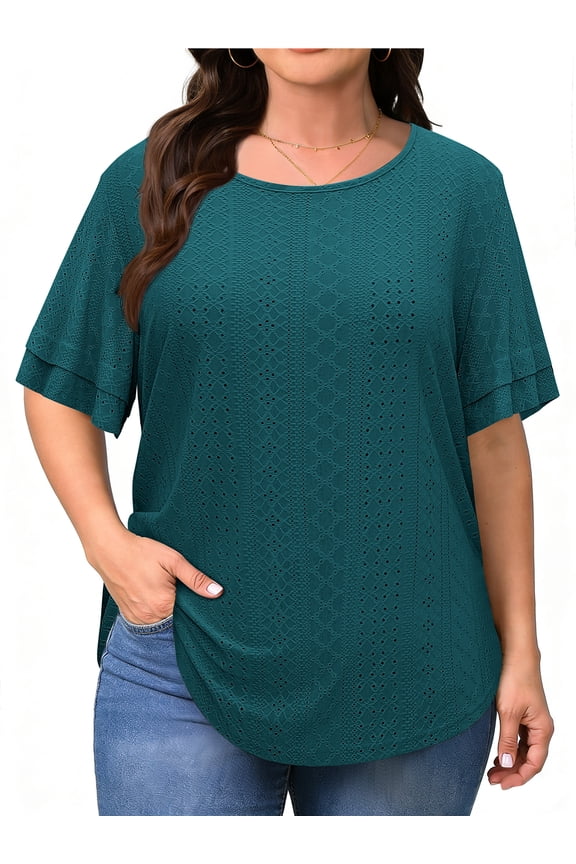 Plus Size Tops for Women Eyelet Crew Neck Tunic Blouses Casual Summer Ruffled Short Sleeve Shirts