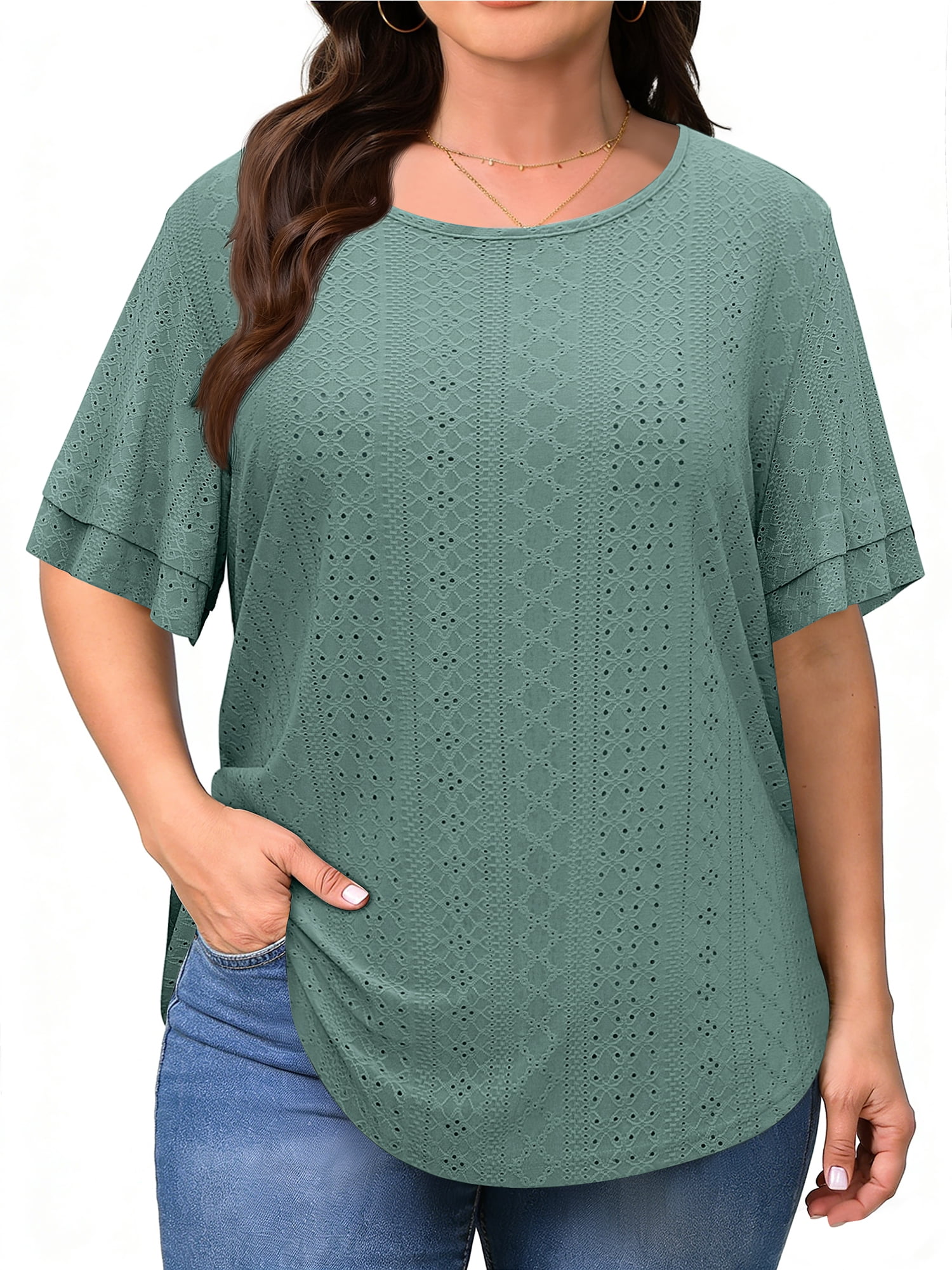WellSize Plus Size Tops for Women Eyelet Crew Neck Tunic Blouses Casual ...