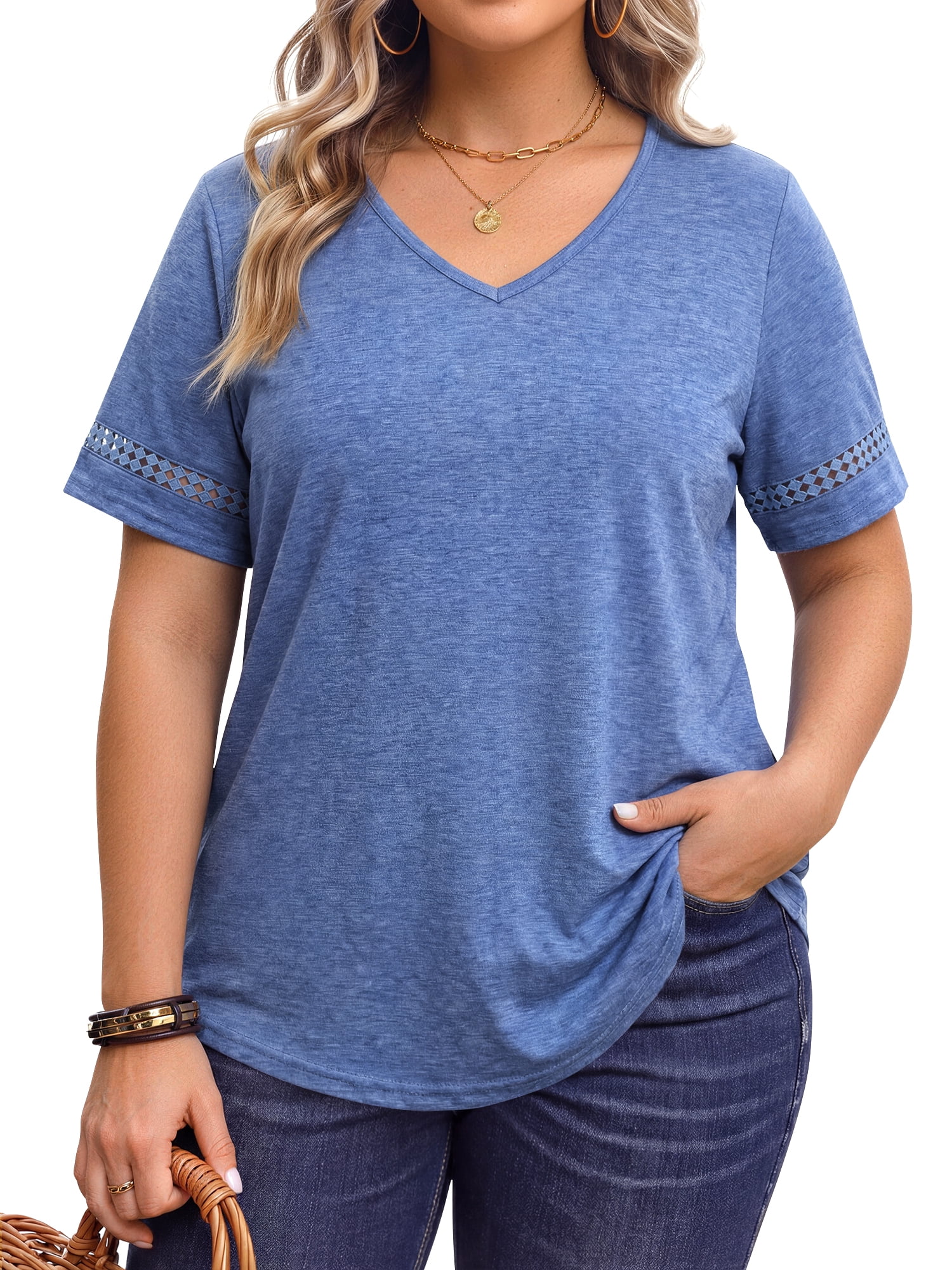 WellSize Plus Size Tops for Women Casual V Neck Blouses Dressy Lace ...
