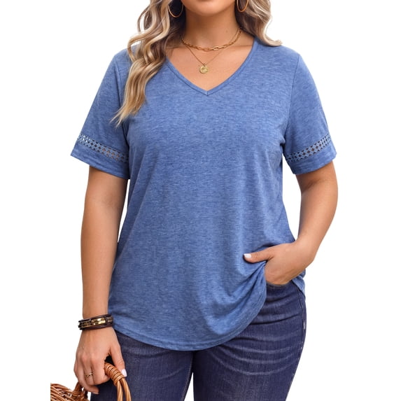 WellSize Plus Size Tops for Women Casual V Neck Blouses Dressy Lace Short Sleeve Shirts Summer Tunic Tops