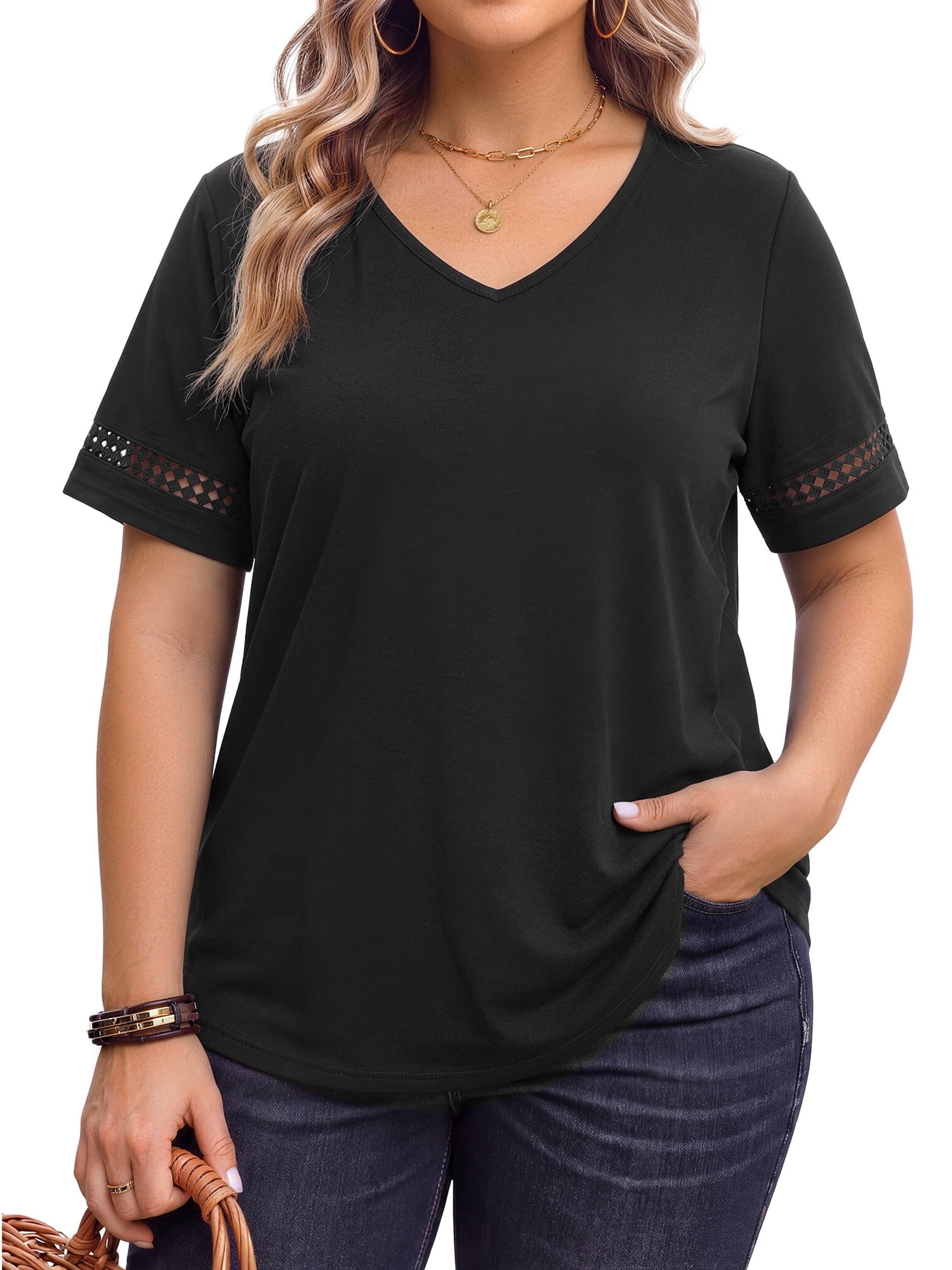 WellSize Plus Size Tops for Women, Casual V Neck Blouses, Dressy Lace ...