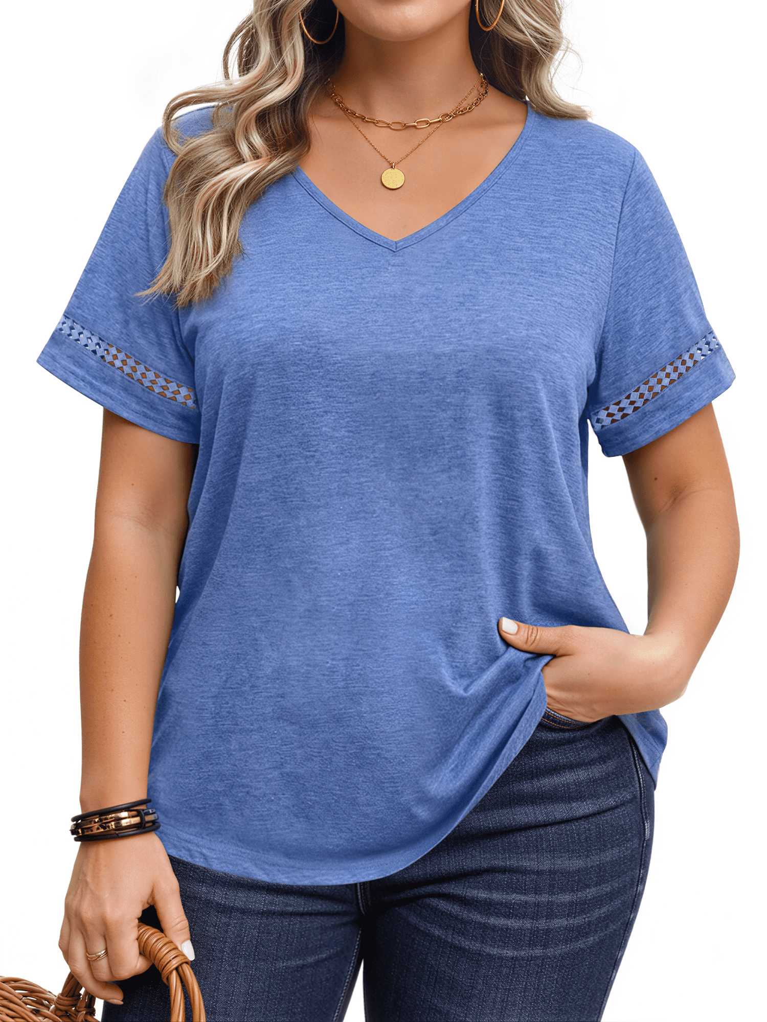 WellSize Plus Size V Neck Tops for Women Dressy Lace Short Sleeve ...