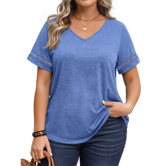 WellSize Plus Size V Neck Tops for Women Casual Short Sleeve T Shirts Trendy Hollow Out Summer Blouses