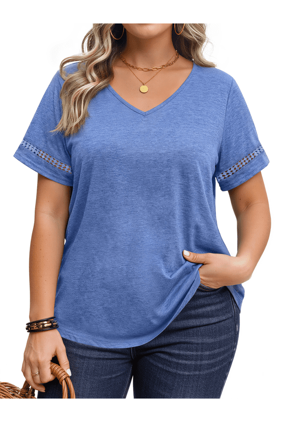 Plus Size V Neck Tops for Women Casual Short Sleeve T Shirts Trendy Hollow Out Summer Blouses