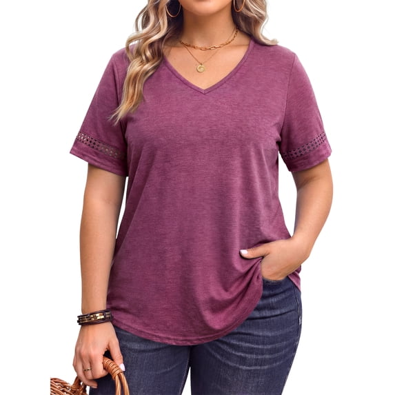 WellSize Plus Size V Neck Tops for Women Dressy Lace Short Sleeve Shirts Casual Summer Tunic Blouses