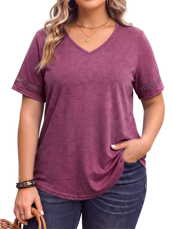 Plus Size Tops for Women Casual V Neck Blouses Dressy Lace Short Sleeve Shirts Summer Tunic Tops