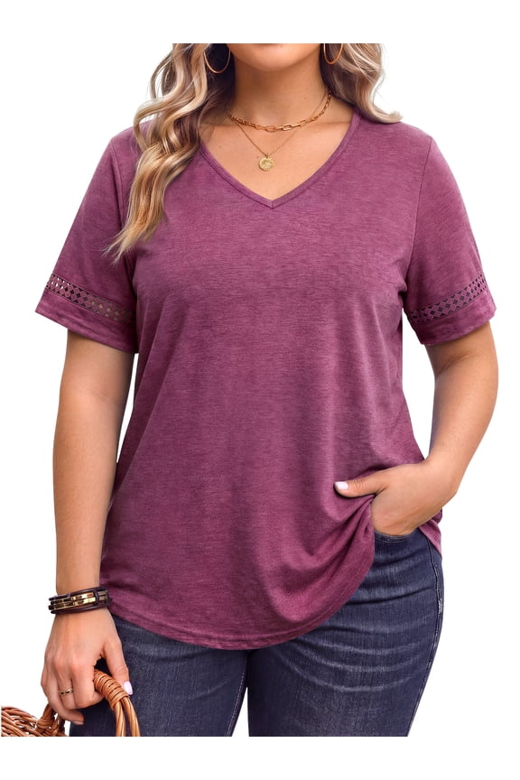 Plus Size V Neck Tops for Women Dressy Lace Short Sleeve Shirts Casual Summer Tunic Blouses