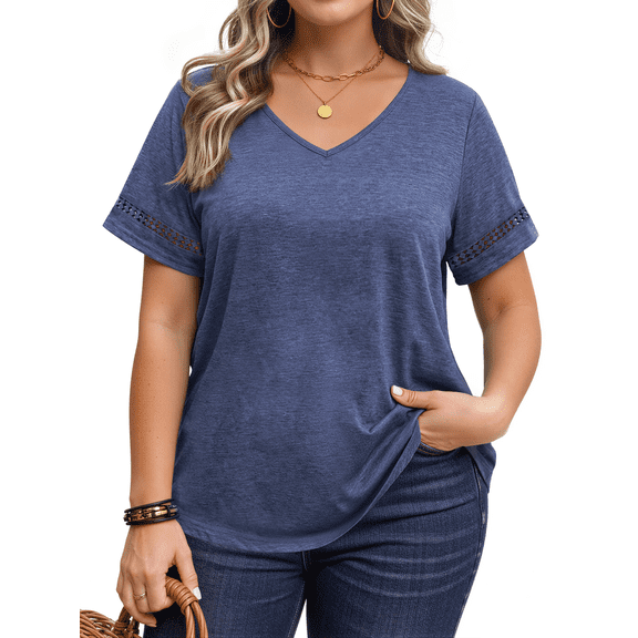 WellSize Plus Size V Neck Tops for Women Casual Short Sleeve T Shirts Trendy Hollow Out Summer Blouses