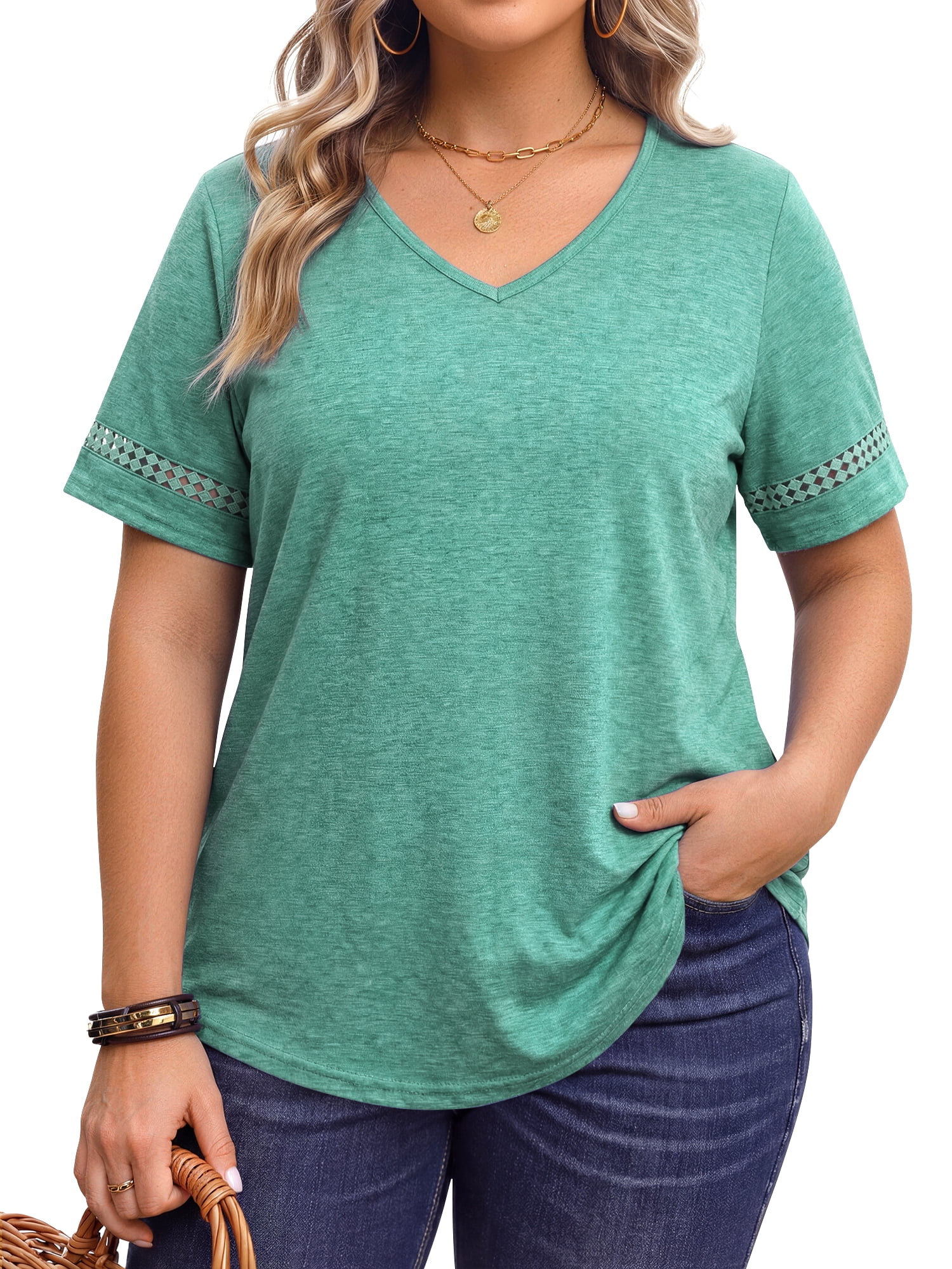 WellSize Plus Size Tops for Women Casual V Neck Blouses Dressy Lace ...