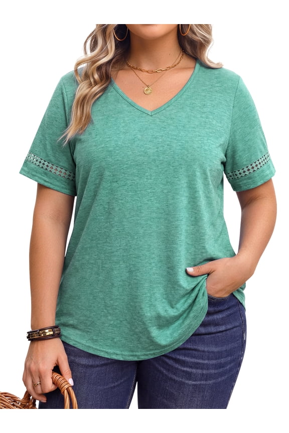 Plus Size Tops for Women Casual V Neck Blouses Dressy Lace Short Sleeve Shirts Summer Tunic Tops