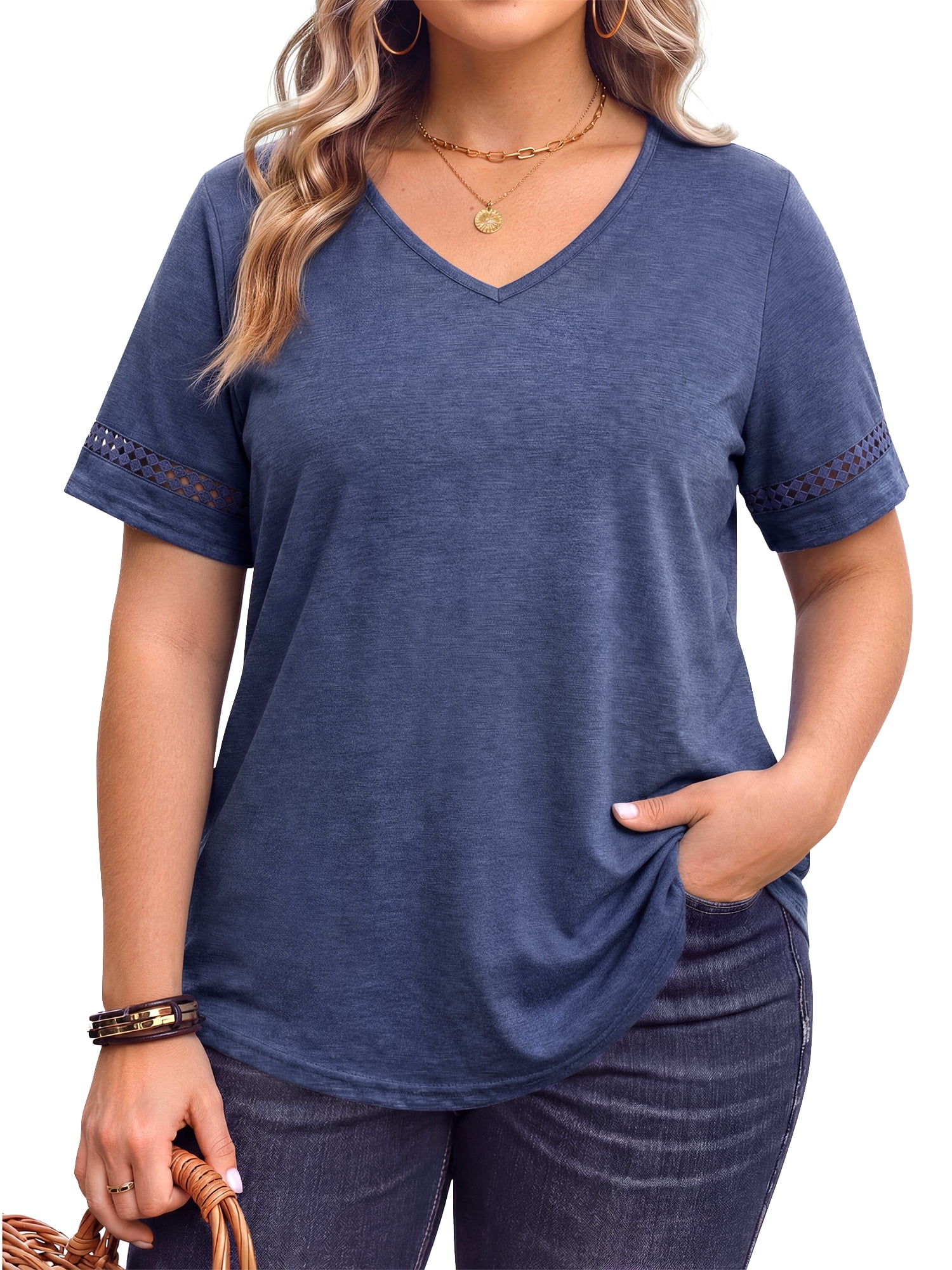 WellSize Plus Size Tops for Women Casual V Neck Blouses Dressy Lace ...