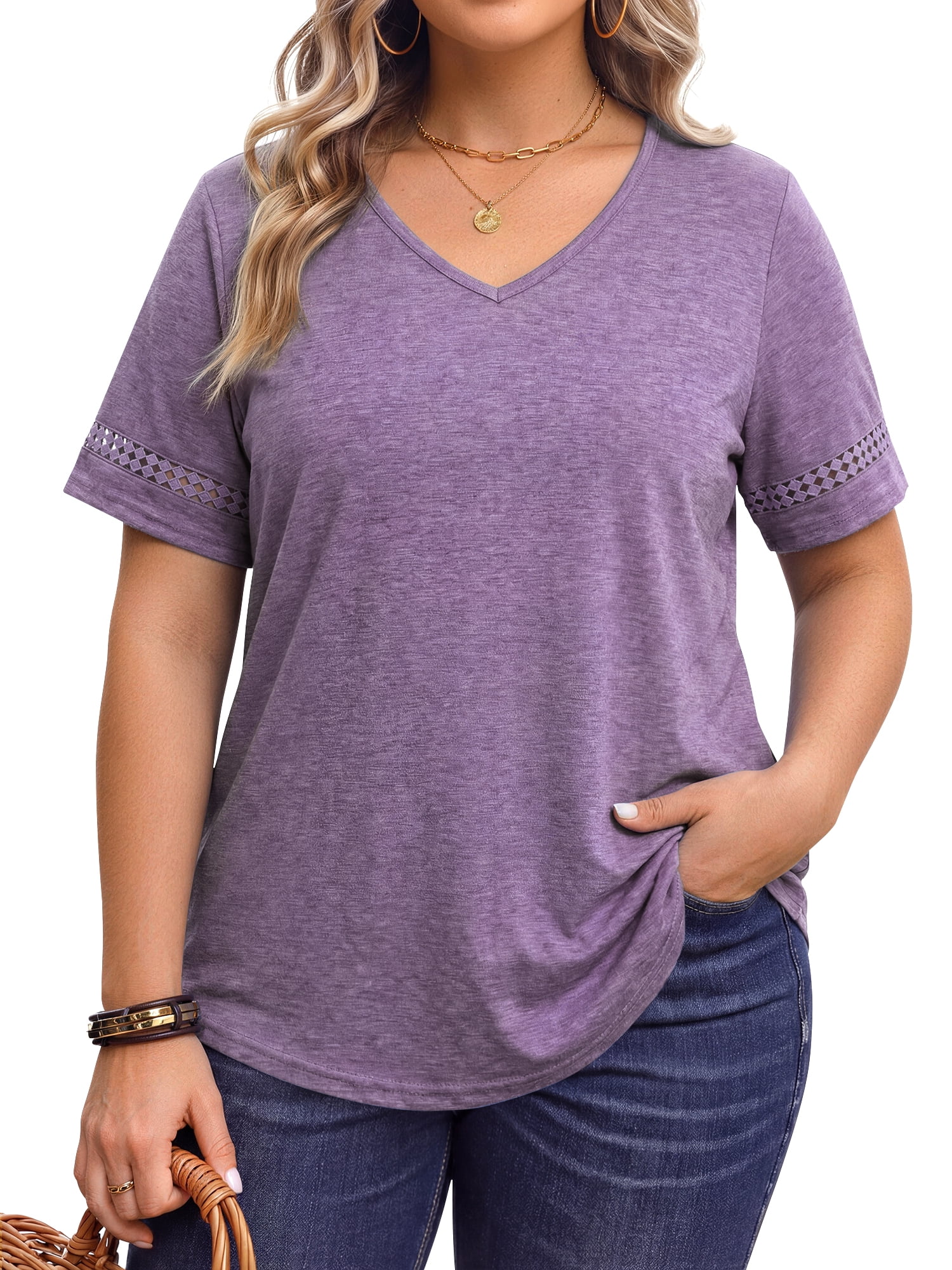 WellSize Plus Size Tops for Women Casual V Neck Blouses Dressy Lace ...