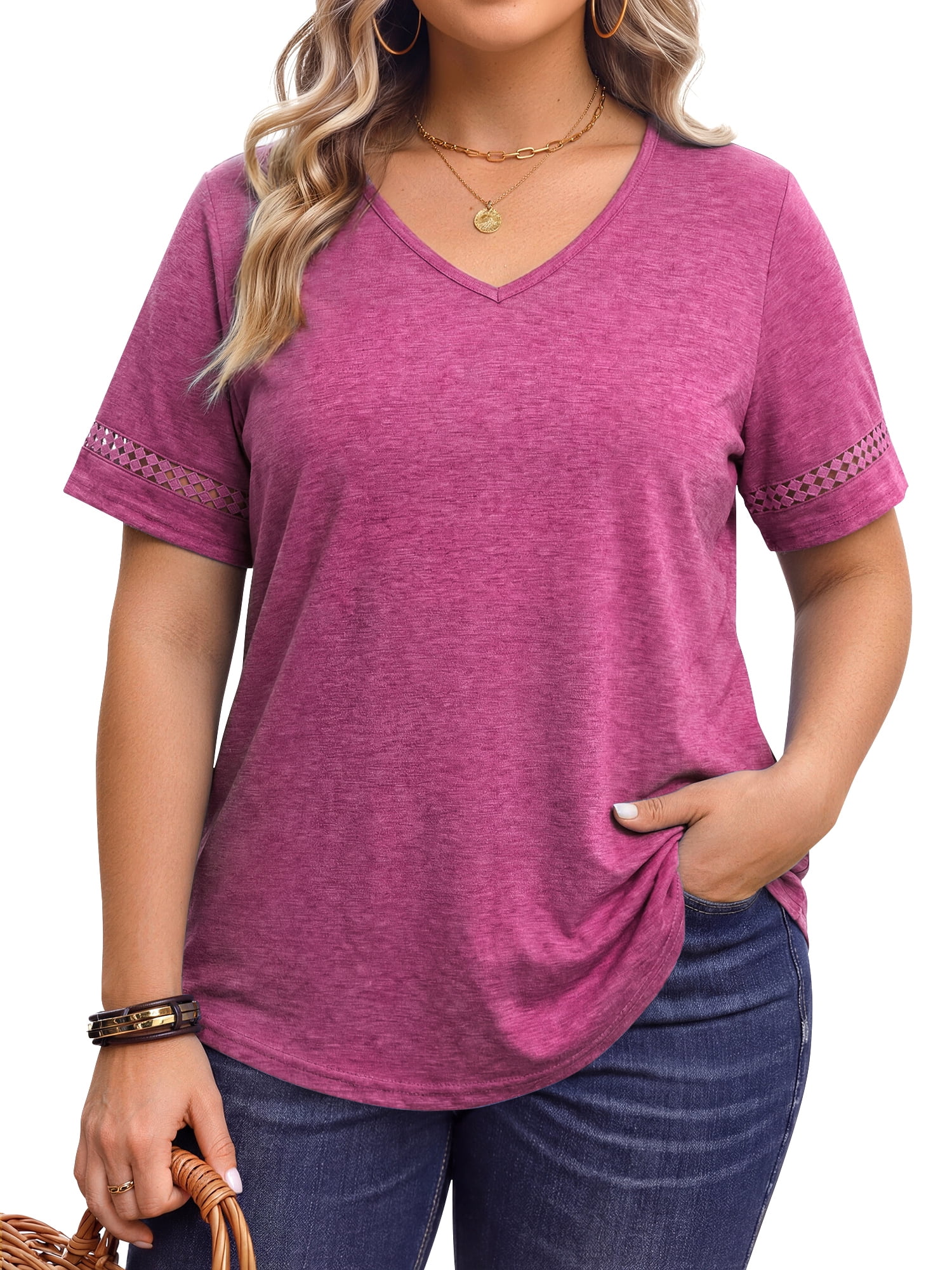 WellSize Plus Size Tops for Women Casual V Neck Blouses Dressy Lace ...