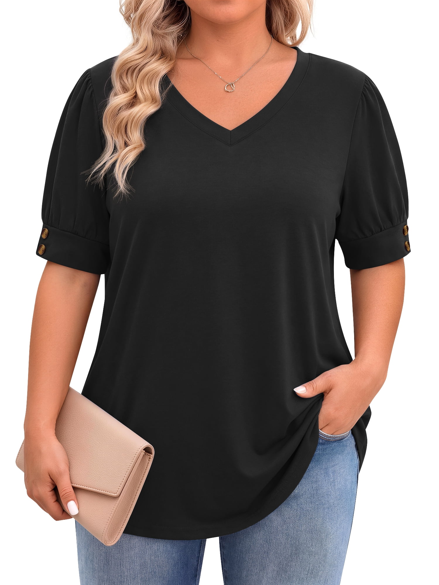 WellSize Plus Size Women Blouses Casual Button V Neck tunic tops Summer ...