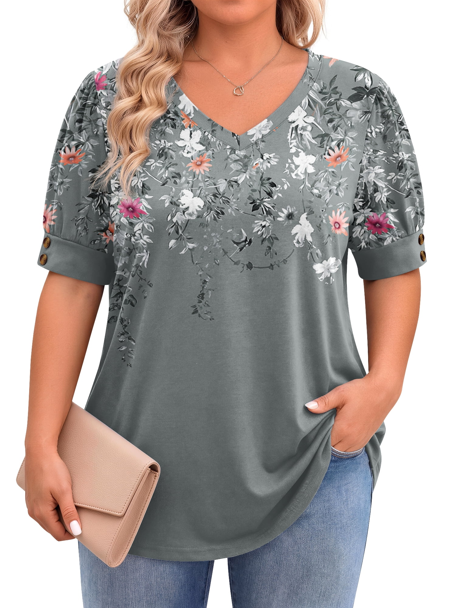 WellSize Plus Size Women Blouses Casual Button V Neck tunic tops Summer ...