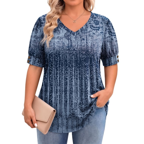 WellSize Plus Size Women Blouses Casual Button V Neck tunic tops Summer Short Sleeve Shirts