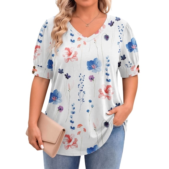 WellSize Plus Size Women Blouses Casual Button V Neck tunic tops Summer Short Sleeve Shirts