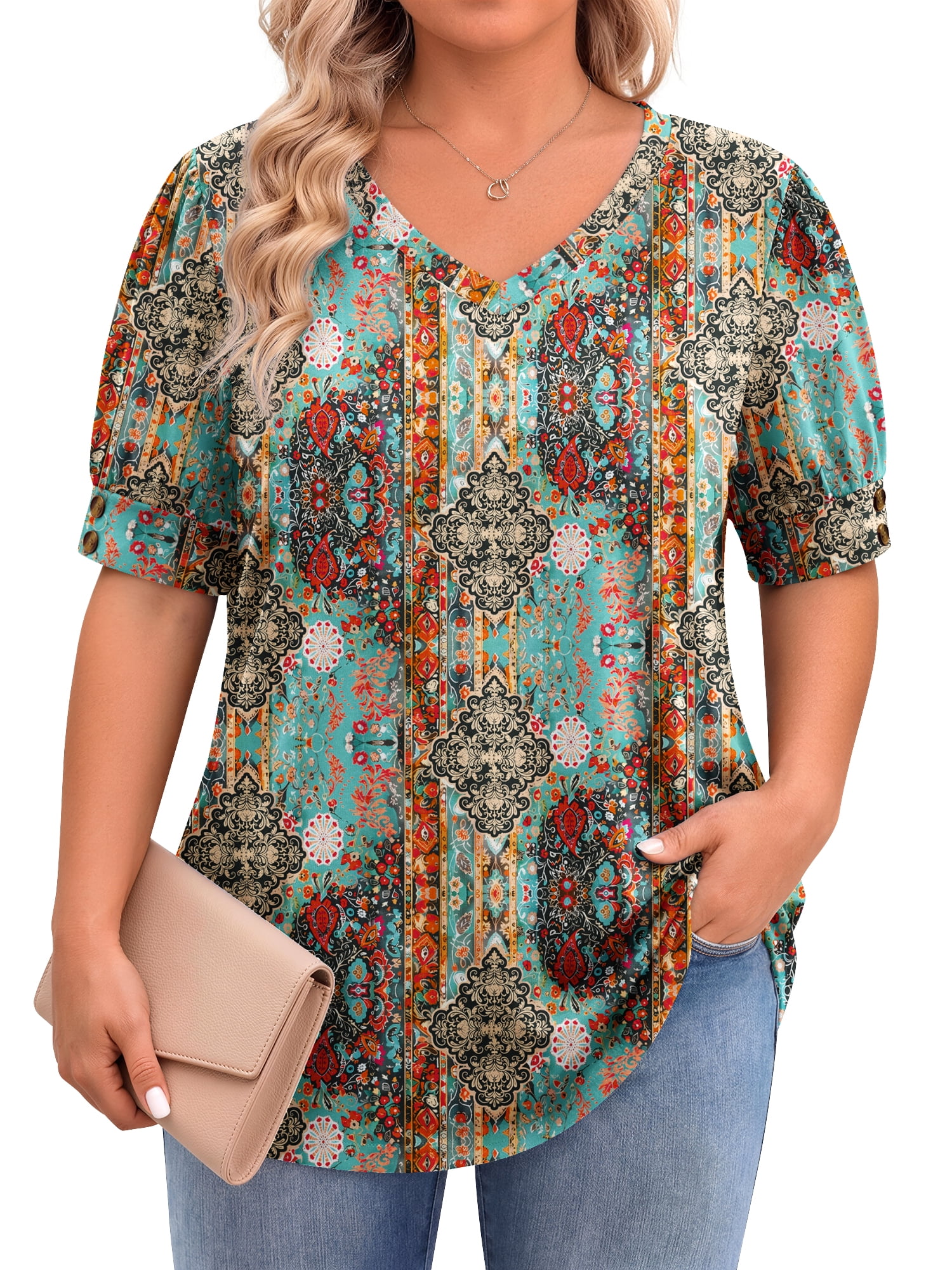 WellSize Plus Size Women Blouses Casual Button V Neck tunic tops Summer ...