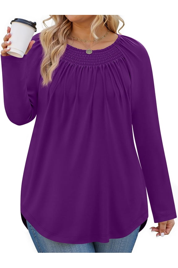 Plus Size Women Blouses Casual Pleated Long Sleeve Shirts Fall Crew Neck Tunic Tops